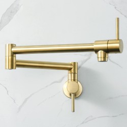 Wall Mount Pot Filler Kitchen Faucet Solid Brass, Pot Filler Folding Faucets, Swing Arm Folding Brushed Gold Modern Kitchen Sink Faucet Folding Stretchable with Single Hole Two Handles