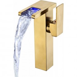  Bathroom Faucet with 3 Colors Changing Waterfall Spout, LED Gold Bathroom Vessel Sink Faucet Single Handle, Brass Body Lead-Free Lavatory Faucet 1 Hole with Supply Hose