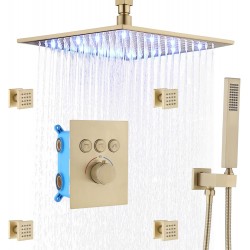 Brushed Gold Rain Shower System Thermostatic Modern Shower Combo Set, All Faucet On At The Same Time