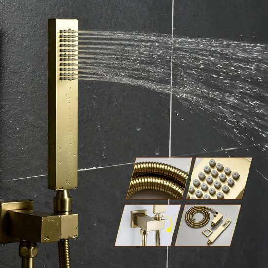 Bathroom Thermostatic LED 16 Inch Ceiling Rainfall Shower System With 6 PCS Body Jets Mixer Set Brushed Gold
