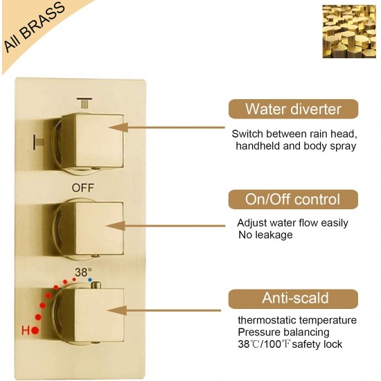 Brushed Gold 20inch Shower with Body Spray, Thermostatic Shower Jet System, LED Color Changing with Water Temperature