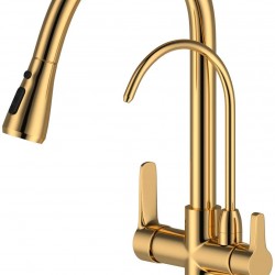 3 Ways Pure Water Filter Kitchen taps Brass Swivel Pull Down Kitchen tap Dual Handle Spout Hot Cold Mixer Tap,Not Include Filter System Gold