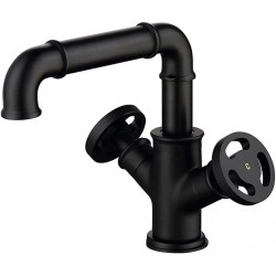 Industrial Pipe Single Hole Two Handles Bathroom Sink Faucet Double Handles Solid Brass in Matte Black