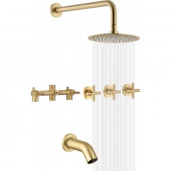 3 Handle Tub Shower Faucet Set with Waterfall Tub Spout and 3-Cross Handles, Wall Mounted Rainfall Bathtub Shower Faucet Brushed Gold