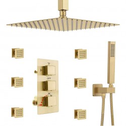 Brushed Gold Rain Shower System - 16 inch Ceiling Square Rainfall head with Handheld Spray and Full Body Massage Multi Jets Thermostatic Brass Valve Kit, Faucets Sets Complete Combo
