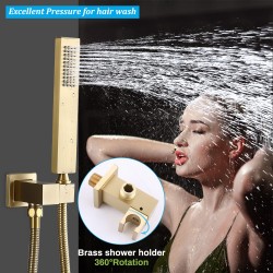 Brushed Gold 16 Inch Rainfall Shower System with Body Jets Thermostatic Mixer Shower Faucet Set Can Work Together, Flow Can Be Controlled