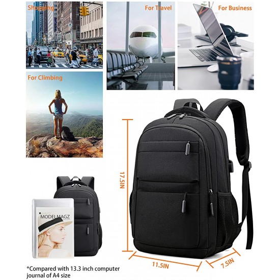 Backpack Bookbag For School College Student 15.6 Inch Travel Business Hiking Fit With Usb Charging Port Water Resistant (Black)