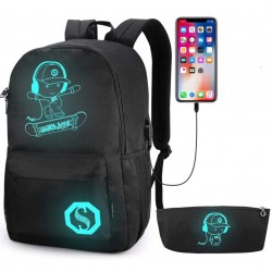 Skateboard Anime Luminous Backpack School Backpack with USB Charging Port, Anti Theft Lock and Pencil Case for Teen Boys and Girls, College School Bookbag Lightweight Laptop Bag, Black