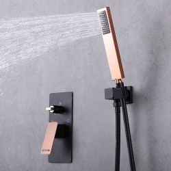Rainfall Shower System Black Rose Gold, Modern 10 Inch Shower Head with Handheld Shower, Wall Mounted Bathtub Faucet Set, Rain Mixer Shower Set