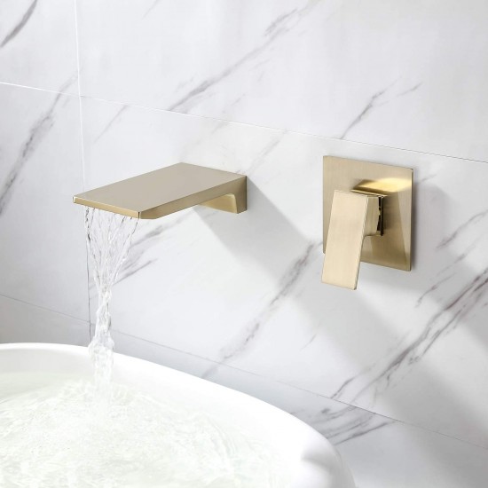 Bathroom Sink Faucet Waterfall Wall Mounted with Single Handle 2 Hole Lavatory Faucet Solid Brass Basin Mixer Tap in Brushed Gold