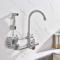 Wall Mount Kitchen Faucet 8 Inch Faucet for Kitchen, with Spray Gun and 2 Water Jet, Swivel 360° spout Wall Faucet, Brushed Nickel