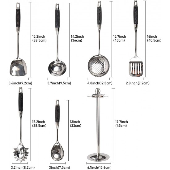 7 Piece Set Tools with Wooden Handle,304 Stainless Steel Kitchen Cooking Utensils Set Include Cooking Rotating Holder,Spoon, Spatula,Serving Spoon,Soup Ladle,Wok Spatula and Spaghetti Spoon