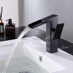 Bathroom Sink Faucet in Matte Black, Square Slanted Single Hole Single Handle Waterfall Faucet Solid Brass for Bathroom Faucet