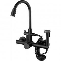 Wall Mount Kitchen Faucet 8 Inch Faucet Matte Black Faucet for Kitchen, with Spray Gun and 2 Water Jet, Swivel 360° spout Wall Faucet , Wall mounting Kitchen Faucet