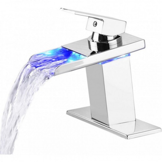 Chrome Glass Bathroom Waterfall Basin Faucet LED 3 Color Spout Sink Mixer Tap 