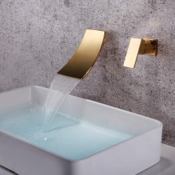 Bathroom Waterfall Wall Mount Tub Faucet Set Brushed Gold Finish Bathtub Filler Single Handle