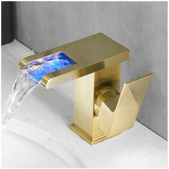 LED Basin Faucet Square Single Handle Brass Waterfall Basin Faucet, Brushed Gold