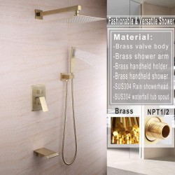 Waterfall Tub and Shower Faucet with Handheld 10 inches Rain Shower Fixtures Rough-in Valve Included Brass Shower System Brushed Gold