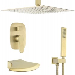 Brushed Gold Shower System Waterfall Tub Spout Faucet Set With 12 Inch Ceiling Mounted Rainfall Shower Head Shower Set