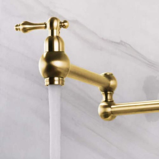 Brushed Gold Finish Kitchen Sink Brass Wall Mount Single Hole Two Handle Pot Filler Folding Faucet