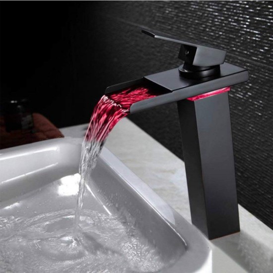 LED Bathroom Sink Faucet Waterfall Water Flow Brushed Nickel One Hole/Handle Tap 