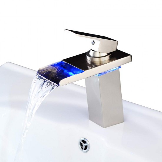 LED Colors Waterfall Bathroom Sink Faucet Deck Mounted 2 Handles Basin Mixer Tap 