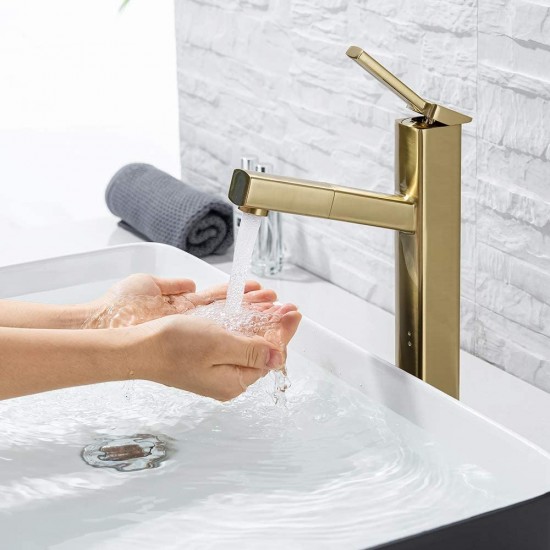 Bathroom Pull Down Vessel Sink Faucet, Lavatory Single Hole Basin Sink Faucet with Pull Out Sprayer, Single Handle Utility Kitchen Mixer Tap with Rotating Spout (Brushed Gold)
