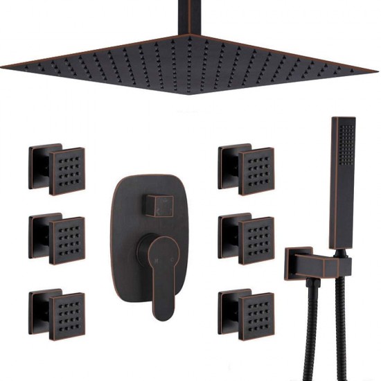 Bathroom Square 12 Inch Ceiling Rainfall Shower Faucet System With 6 PCS Body Jets Oil Rubbed Bronze