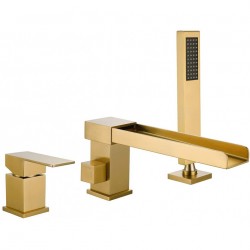 Waterfall Roman Tub Faucets Deck Mount Brushed Gold Bathtub Faucets Brass Tub Filler Bathroom Faucets with Hand Shower