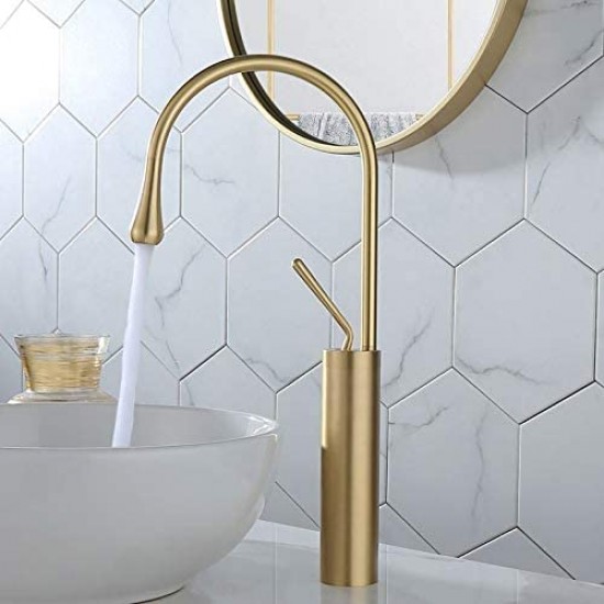 Tall Modern Bathroom Vessel Sink Faucet, High Arc Single Handle One Hole, Solid Brass Lavatory Vanity Faucet, Free Pop Up Drain Assembly and Water Hoses. cUPC Certified. Brushed Gold by Faucys
