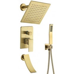 Shower System with Waterfall Tub Spout Shower Faucet Set with Rain Shower Head Wall Mounted Shower Set in Brushed Gold,Rough-in Valve and Trim Included (10'')
