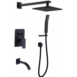 Shower System Matte Black Bathroom Wall mount Shower Faucet set with 8 inches Rain Shower Head and Waterfall Tub Spout Hand Shower Head Fixtures(Black Shower Tub Faucet)