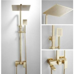 Square Brushed Gold 12 Inches Shower Head Brass Exposed Bath Tub Shower Tap Hot And Cold Faucet Set