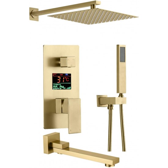 Rain Shower System Digital Display 10 Inches Shower Head, Shower Combo Set Wall Mounted Brushed Gold