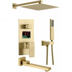 Rain Shower System Digital Display Shower Combo Set Wall Mounted Brushed Gold Bathroom Shower Faucet Set with Stainless Steel Shower Head, Handheld Shower, Tub Spout, 10 Inches