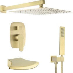 Brushed Gold Shower System Waterfall Tub Spout Faucet Set With 12 Inch Wall Mounted Rainfall Shower Head Shower Set