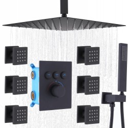 16 Inch Rain Shower with Jets, Thermostatic Shower System with Body Sprays Push Button Diverter Shower Faucet Combo Set, All Showerheads Can Work Together At Once, Matte Black