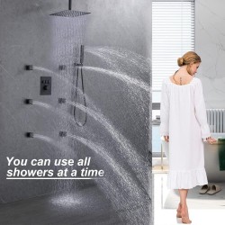 16 Inch Rain Shower with Jets, Thermostatic Shower System with Body Sprays Push Button Diverter Shower Faucet Combo Set, All Showerheads Can Work Together At Once, Matte Black