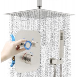 Thermostatic Shower System 16 Inch Ceiling Mount Brushed Nickel Shower System Bathroom Luxury Rain Mixer Shower Set with Handheld All Functions Can Run Simultaneously