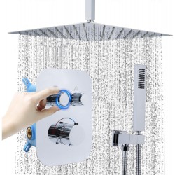 Upgraded Thermostatic Rainfall Shower System, 16 Inch Luxury Rain Mixer Combo Set with Handheld and Temperature Control Valve and Trim Kit, Polished Chrome All Functions Can Run Simultaneously