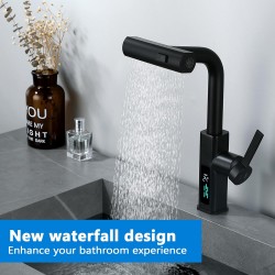 Waterfall Bathroom Sink Faucet with Pull Out Sprayer, Modern Smart Bathroom Faucets with Digital Temperature Display, 360°Swivel Basin Mixer Tap No Battery Needed, Matte Black