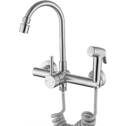 Wall Mount Kitchen Faucet with Side Sprayer, Sink Faucets 8 Inch Center, 360° Swivel Spout and Dual Functional Sprayer, Utility Sink Mixing, Lead-Free, Silver