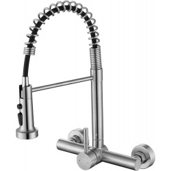 Wall Mount Kitchen Faucet with Pull Out Sprayer, 8 Inch Center Commercial Kitchen Sink Faucet, Spot-Free Stainless Steel, Easy Controlled Cold and Hot Water