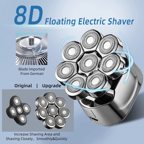 8D Cordless Waterproof USB Charging Rechargeable Electric Razor for Men Head Shaver for Bald Men Grooming Kit Wet Dry Rotary Shavers Nose Hair Beard Trimmer Clippers Facial Cleansing Brush