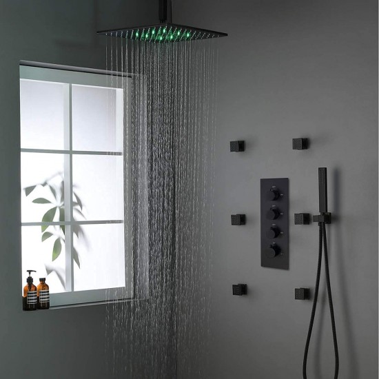 LED 12" Rainfall Shower Heads System with Body Spray Brass Faucet Combo Set, Large Flow, Use All Functions At a Time (Black)