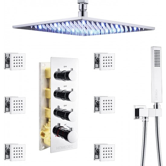 LED 12" Rainfall Shower Heads System with Body Spray Brass Faucet Combo Set, Large Flow, Use All Functions At a Time (Black)