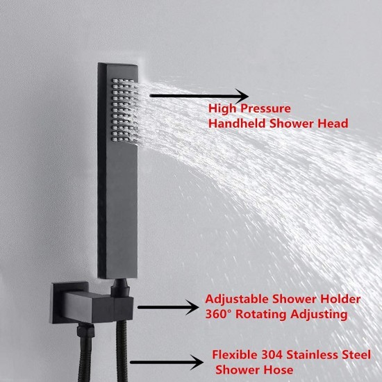 LED 12 Inch Ceiling Rain Shower Set Thermostatic Shower System With Handheld And Body Spray Massage Jets Brass Shower Faucets Complete Set Can Run Simultaneously Seperately Matte Black