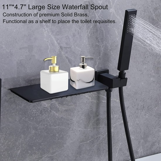 Waterfall Bathtub Faucet with Sprayer,Matte Black Tub Filler with Hand Shower,Wall Mounted