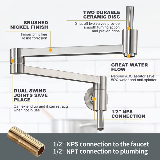 Brass Pot Filler Faucet Kitchen Sink Wall Mount Folding Faucet Stretchable Double Joint Swing Arm Faucet Brushed Nickel