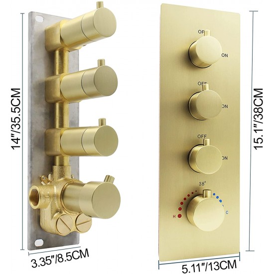 Heavy Solid Brass Concealed 3-Outlet Thermostatic Shower Diverter Mixer Valve Brushed Nickel, Can Run Simultaneously, Flows Can Be Controlled